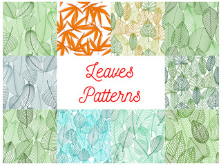 Green and yellow leaves seamless patterns set