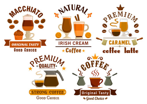 Coffee drinks with desserts badges for cafe design