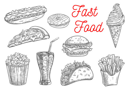 Fast food snacks and drinks icons sketch