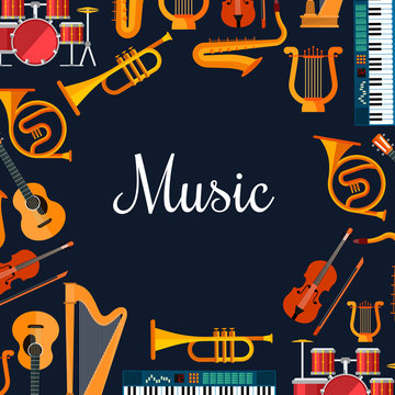 Music poster. Wind and strings musical instruments
