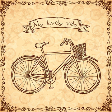 Vintage bicycle hand drawn beige vector card