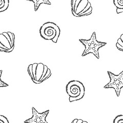 Seamless pattern hand drawn brush line chalk black starfish and shell on white background