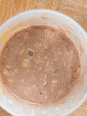 Top view of protain oatmeal shake in the protein shaker bottle