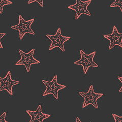 Fototapeta na wymiar Seamless pattern hand drawn brush line chalk color starfish on black background