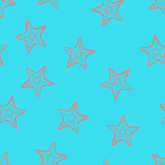 Fototapeta na wymiar Seamless pattern hand drawn brush line chalk color starfish on blue background