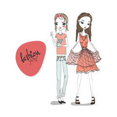Two Fashion Girl Illustration Wearing Fashionable and Stylish Clothes: Jeans, T-Shirt, Fancy Dress. Isolated Fashion Illustration for Magazines