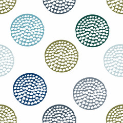 Blue, green geometric seamless pattern with grunge polka dot on white background. Textured circles. Geometrical background for wrapping paper, website, wallpaper, ets. Vector illustration.