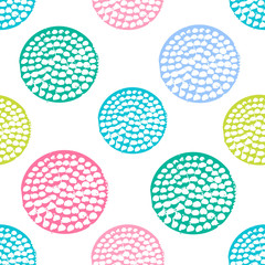 Colorful textured circle seamless pattern, blue, pink, green round grunge polka dot, wrapping paper. Vector illustration.