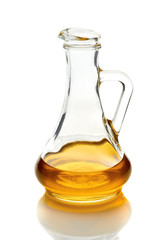 Bottle of virgin olive oil on white