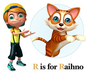 Kid boy pointing Cat