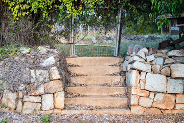 Rock wall and stairs with old gate covered in vine