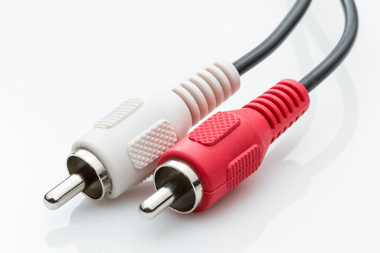 Red and White RCA cable on a white background.