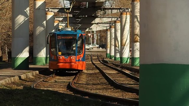Tram 9. Forward motion of tramway 71-623 travels on rails