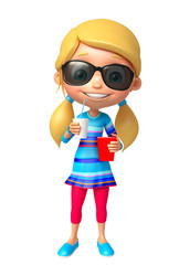 kid girl with Sunglass and soft drink popcorn