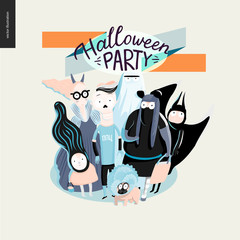 Treak or treat group of children, greeting card with lettering. Vector cartoon illustrated group of kids wearing Halloween costumes and a french bulldog, scared by something. Composition accompained