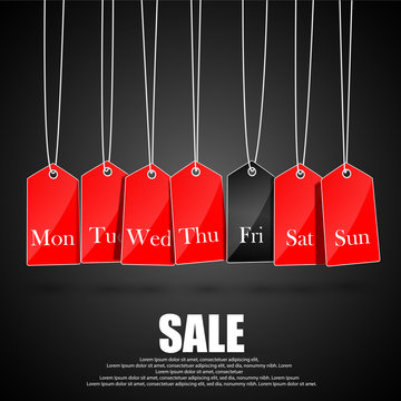 Days of the week symbols and black friday promotions on red hanging labels