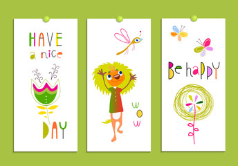 Set of creative cards with funny monsters and flowers. Birthday, party invitations, scrapbooking. Hand Drawn design elements isolated on white. Bright, multicolored, humor. Vector illustration. 