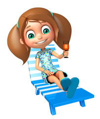 kid girl with  Beach chair and juice glass