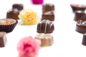 Chocolate candy set on white background.