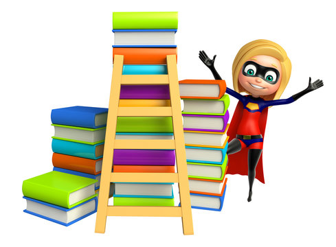 supergirl with Book stack and ladder