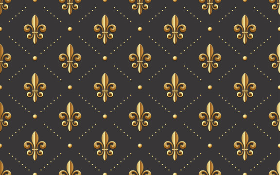 seamlessly tiling fleur de lis pattern - golden french royal symbol on a dark grey background, wallpaper design