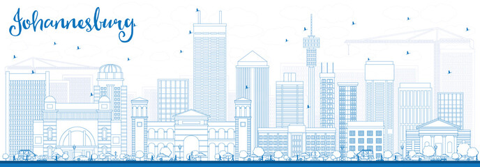 Fototapeta premium Nakreśl panoramę Johannesburga z niebieskimi budynkami.
