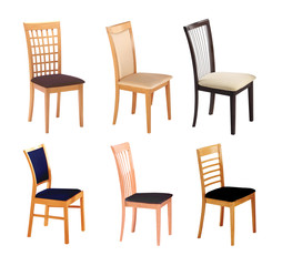 Six designs of dining chairs isolated on white background with clipping path.
