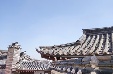 Traditional Korean style roof tops of Bukchon Hanok Village in Seoul, South Korea.