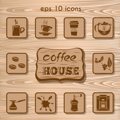Set coffee icons. Vector icon set on a wooden background