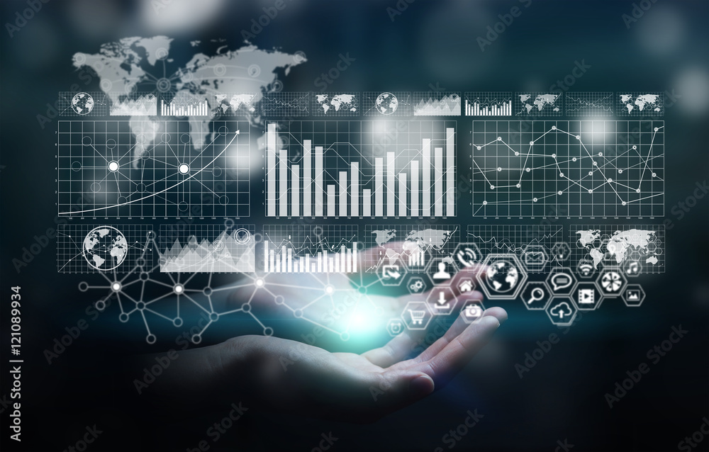 Poster businesswoman holding digital graph interface 3d rendering