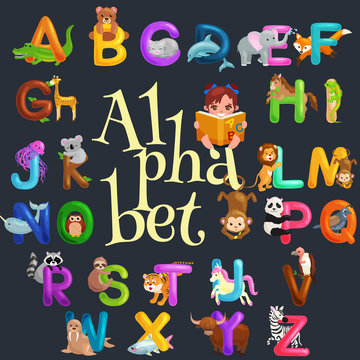 Cute cartoon animals alphabet for children education. Vector illustrations