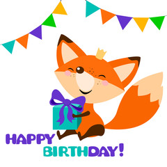 cute fox with bright gift. Happy birthday card design.Vector holiday party template. Greeting postcard image. vector illustration