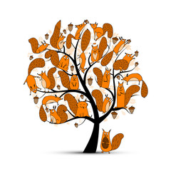 Obraz premium Śmieszna rodzina wiewiórek, drzewo sztuki do projektowania