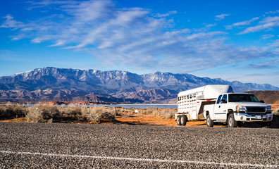 Obraz premium American panorama. Pick-up wehicle with horse trailer on rocky background