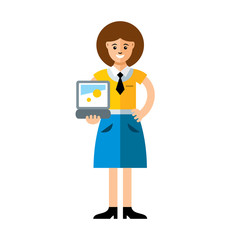 Vector business woman using laptop. Flat style colorful Cartoon illustration.