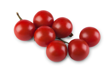 Ripe red cherry tomatoes branch isolated on white background