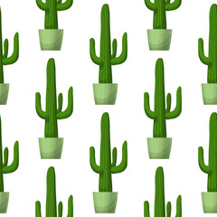 Cactus in pot - floral seamless pattern. Prickly pear - cute succulent plant on white. Green garden background. Summer nature illustration with mexican houseplant in cartoon style