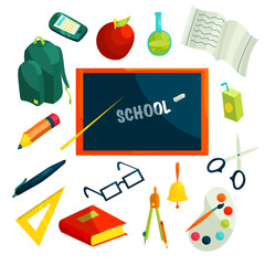 School icons set in cartoon style. Education elements set collection vector illustration