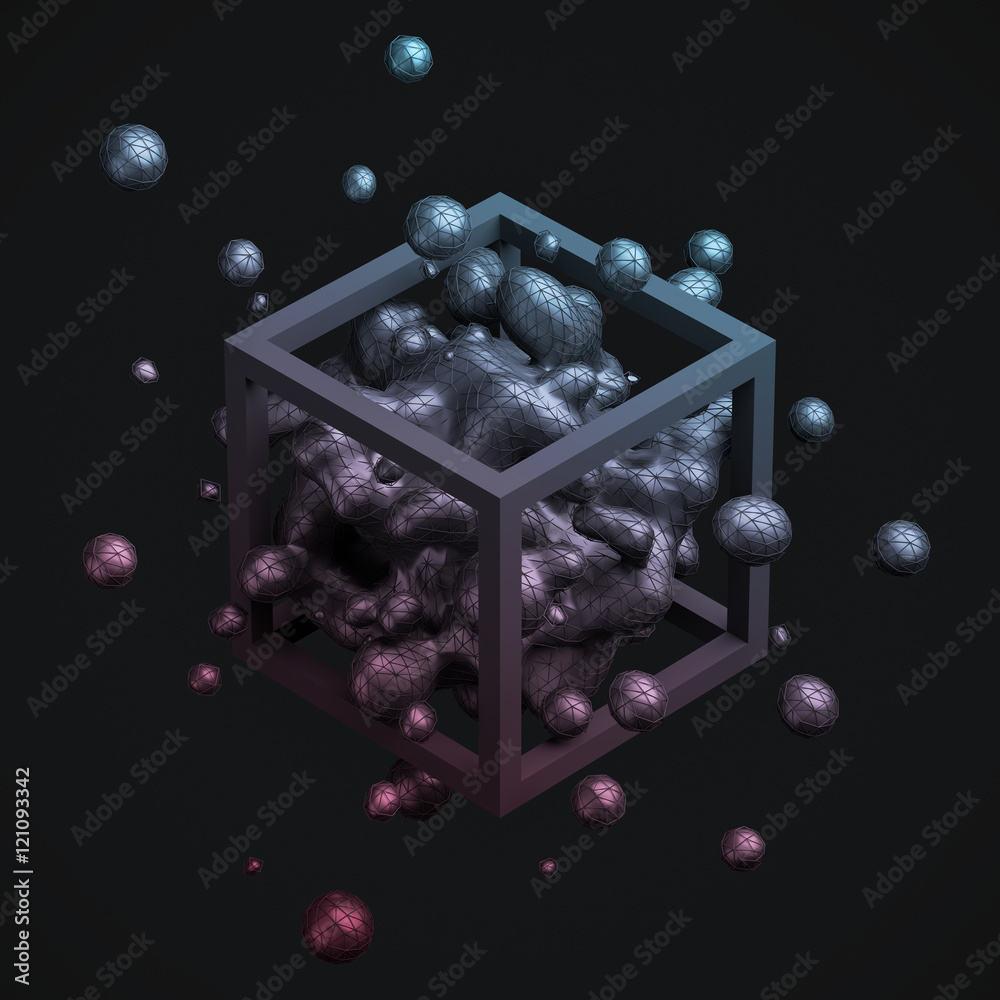 Poster abstract 3d rendering of chaotic liquid in cube. background with dynamic fluid splash. design elemen