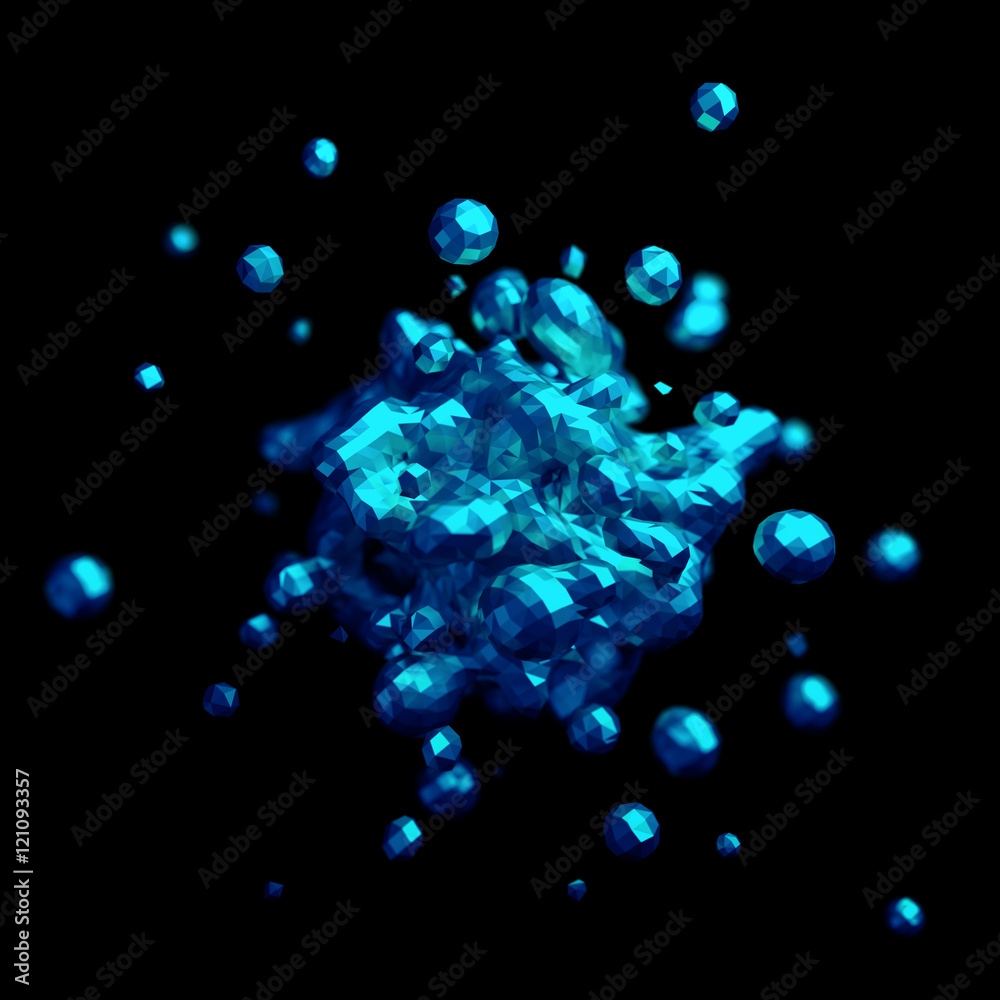 Poster abstract 3d rendering of chaotic low poly liquid. background with dynamic polygonal fluid splash. de