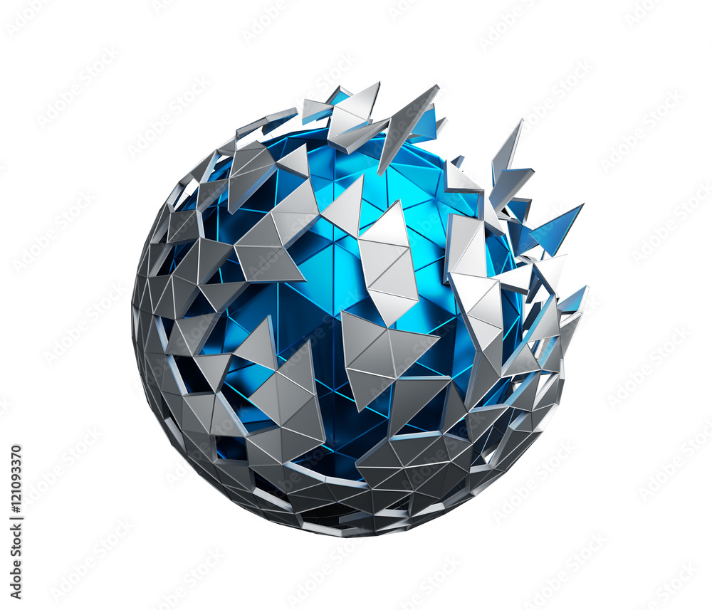 Poster abstract 3d rendering of low poly sphere with chaotic structure. sci-fi background with polygonal sh