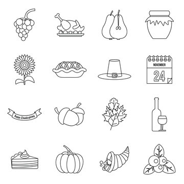 Thanksgiving icons set in outline style. Autumn elements set collection vector illustration