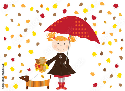 Jesień Dziecko Z Czerwoną Parasolką I Spadające Liście