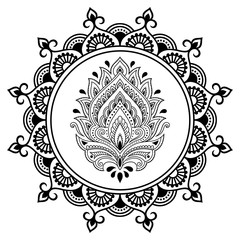 A circular pattern in the form of a mandala.Henna tattoo flower template in Indian style. Ethnic  floral paisley - Lotus. Mehndi style. Decorative pattern in oriental style.
