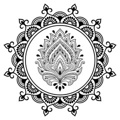 A circular pattern in the form of a mandala.Henna tattoo flower template in Indian style. Ethnic  floral paisley - Lotus. Mehndi style. Decorative pattern in oriental style.
