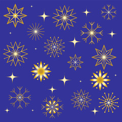 Set of Various Snowflakes. Golden Shimmering Stars and Snowflakes on Blue Background.  Elements for Christmas and New Year Design. Vector Illustration.