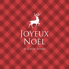 Fototapeta na wymiar Christmas card with deer, logo title and gingham pattern background. Editable vector design. French version.
