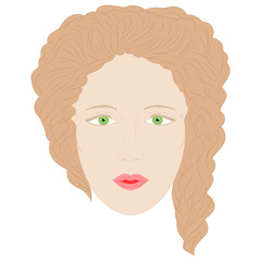 Hand Drawn Woman in Full Face with Green Eyes and Brown Curly Hairs. Vector Illustration. 
