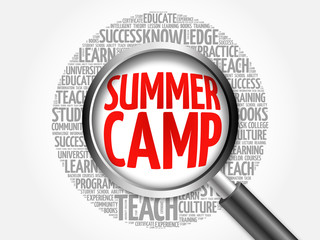 Summer Camp word cloud with magnifying glass, concept 3D illustration