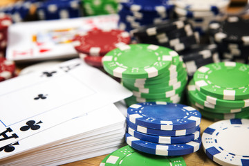  Poker cards and gambling chips background. Cards concept.